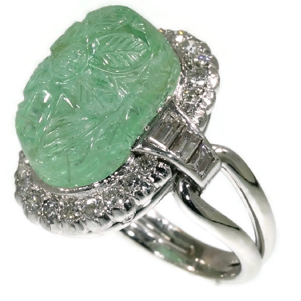 Carved emerald engagement ring diamond 14K white gold